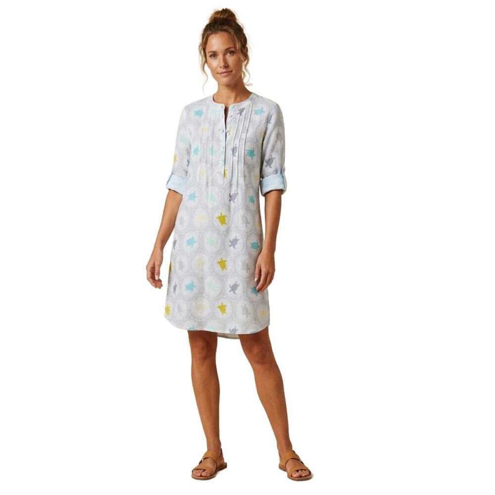 Vilebrequin Linen Tunic Shift Dress Medium White Blue Yellow Turtle Coverup